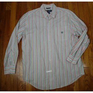 MEN'S ORANGE GREEN STRIPED LONG SLEEVE DRESS SHIRT - CHAPS - SIZE L